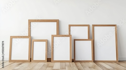 Fototapeta Naklejka Na Ścianę i Meble -  A simple, realistic picture shows empty wooden frames (A3 and A4 sizes) on a white wall and wooden floor.  It's a design template.

