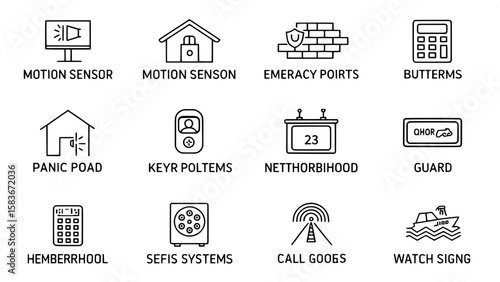 A set of minimalistic line icons arranged in a grid, showing physical and digital security concepts such as door locks, surveillance drones, anti-virus shields, two-factor authentication, and security