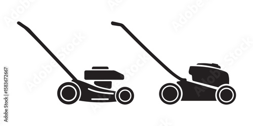 Pair of Push Lawn Mowers Silhouette Designs for Garden and Yard Maintenance