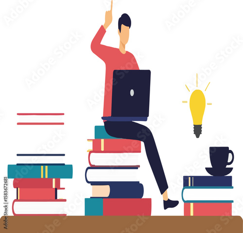 Young Man Working on Laptop Surrounded by Stacks of Books and Lightbulb Ideas – Study, Learning, Creativity, and Education Vector Illustration