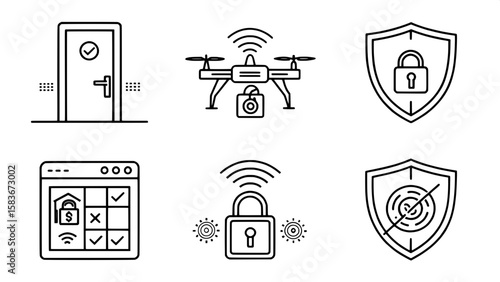 A set of minimalistic line icons arranged in a grid, showing physical and digital security concepts such as door locks, surveillance drones, anti-virus shields, two-factor authentication, and security