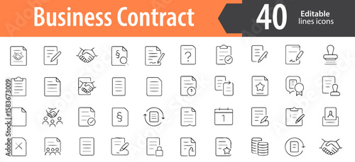 Business Contract Line Icons, Agreement, Signature, Legal Document, Handshake, Terms and Conditions, Editable Formats: AI, EPS, PNG, Ideal for Both UI and Print Media Use
