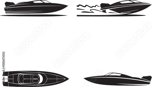 Set of Speed Boat silhouette vector illustration isolated On Transparent Background