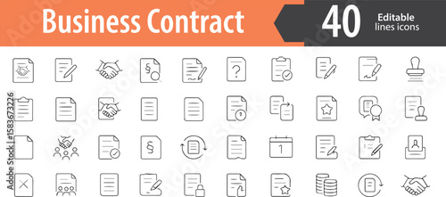 Business Contract Line Icons, Agreement, Signature, Legal Document, Handshake, Terms and Conditions, Editable Formats: AI, EPS, PNG, Ideal for Both UI and Print Media Use
