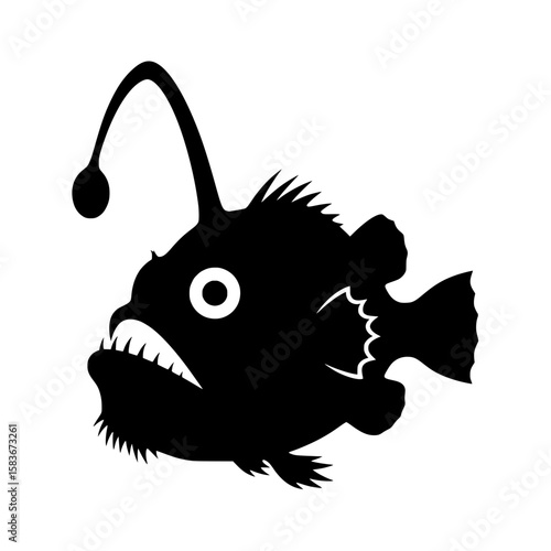 Anglerfish silhouette vector icon. Black deep sea fish illustration with sharp teeth and a glowing lure., silhouette
