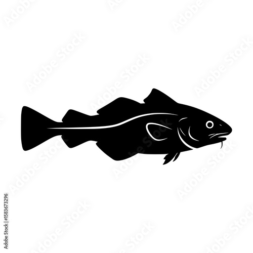 Atlantic codfish silhouette vector illustration. Black icon of a marine fish for seafood logo or fishing emblem, silhouette