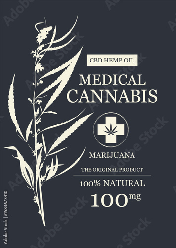 Eco vector banner or label for medical marijuana or hemp cbd oil with hemp pattern. T-shirt design. Print for fabric. Advertising billboard, poster. Not used AI