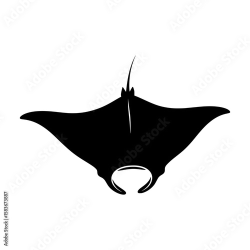 Elegant black silhouette of a giant manta ray swimming. Minimalist vector art for a marine themed logo, silhouette