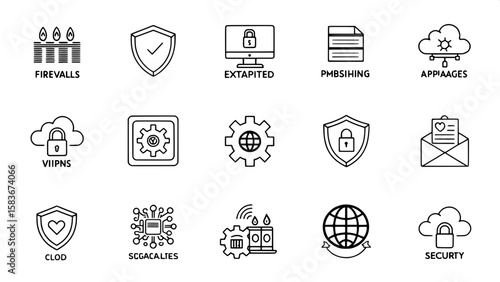 A grid of clean black line art icons representing digital security themes, including firewalls, phishing attempts, encrypted messages, VPNs, biometric scanners, and cloud security. The icons are evenl