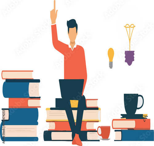Young Man Working on Laptop Surrounded by Stacks of Books and Lightbulb Ideas – Study, Learning, Creativity, and Education Vector Illustration