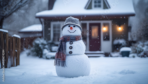 Snowman wearing knitted hat in the front yard of a house during a light snowfall