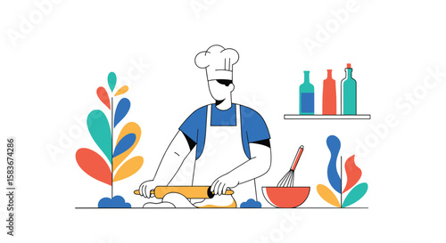 Skilled chef preparing dough with rolling pin for culinary creations in kitchen ambiance