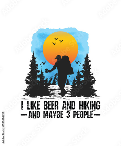 I like beer and hiking, and maybe three people. A stunning illustration design. This design is perfect for t-shirts, mugs, stickers, and other projects for hacking season.