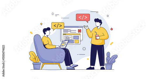 Two developers collaborating on a web development project discussing code on a screen