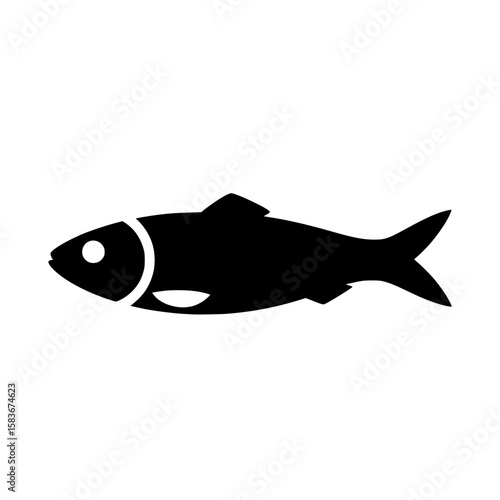 Simple fish silhouette vector icon. Black graphic of a herring or sardine for seafood or fishing logo design, silhouette