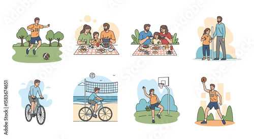 Illustrations depicting diverse family activities and sports in outdoor and indoor settings promoting healthy lifestyles and recreation