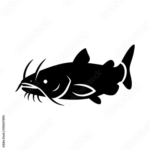 Stylized catfish silhouette vector illustration. Black freshwater fish icon for fishing sport or seafood menu., silhouette