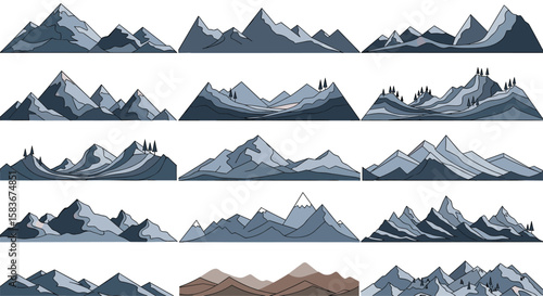 A collection of pixel art mountain landscapes and peaks for game development backgrounds
