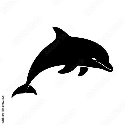 Vector graphic of a bottlenose dolphin silhouette. Isolated black aquatic mammal jumping on a white background, silhouette
