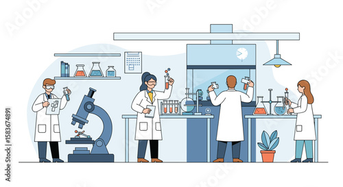 Scientists working in a modern laboratory conducting experiments with various equipment and substances under careful supervision and safety protocols