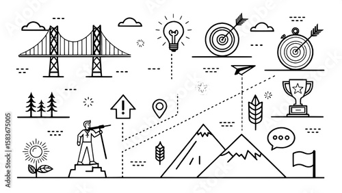 Black and white outline icons showing the journey of leadership development. Includes metaphorical imagery like bridges, arrows hitting targets, hands holding tools, vision boards, and mountains with 
