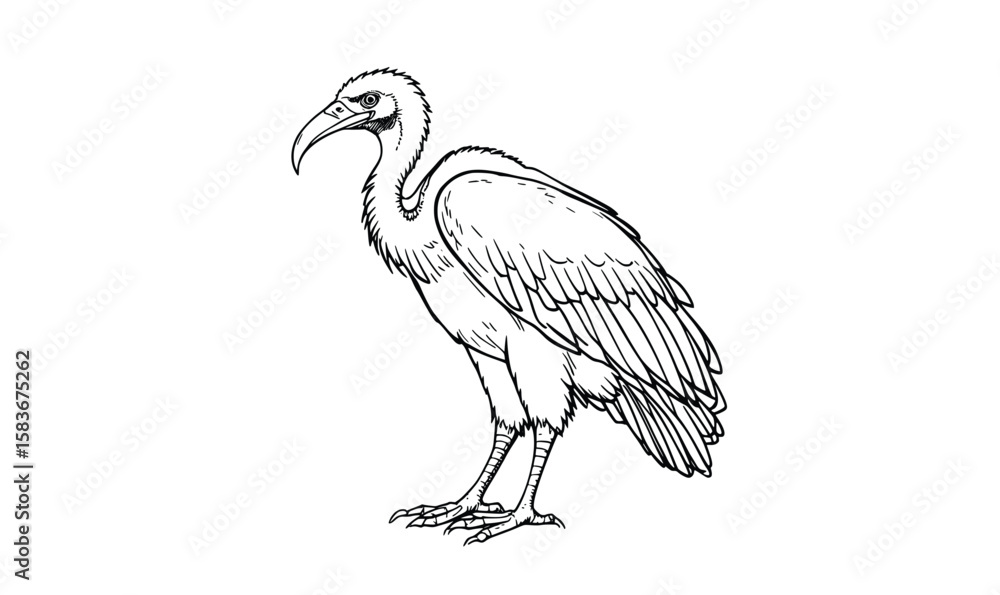 Obraz premium Standing Vulture Line Drawing – Black and White Wild Bird Illustration for Coloring