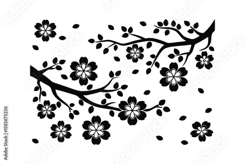 Black silhouette of cherry blossom branches with falling petals