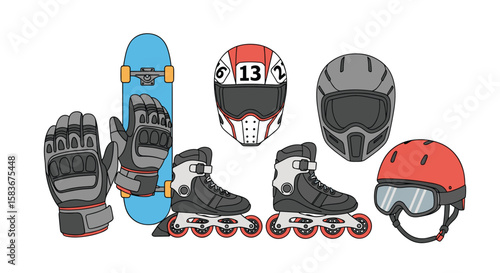 Collection of extreme sports equipment including skateboarding rollerblading and protective gear for thrill seekers