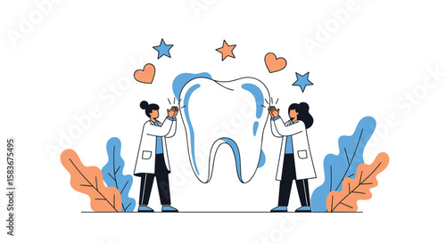 Dentists caring for a giant tooth with stars and hearts illustrating dental health and hygiene