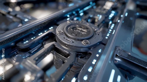 Wallpaper Mural Complex metallic structure with glowing blue lights, suggesting a powerful and innovative engine from the future, highlighting advanced technology and engineering Torontodigital.ca