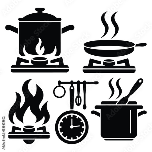 Cooking pots pans stove top flames steam utensils clock kitchen