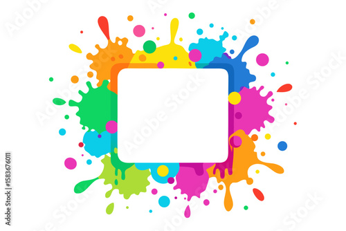 Colorful paint splashes around square frame abstract