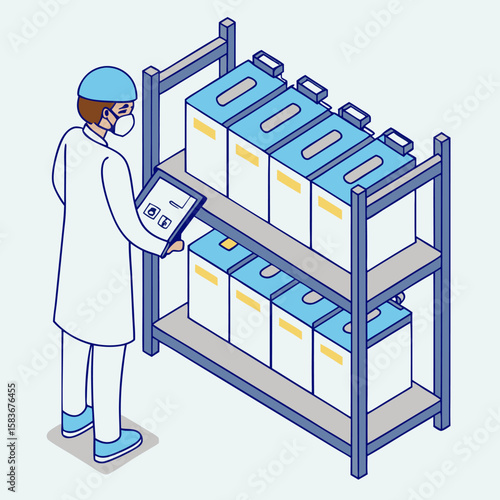 Engineer engaged in battery research, testing multiple storage units on heavy-duty lab racks in an industrial research facility.