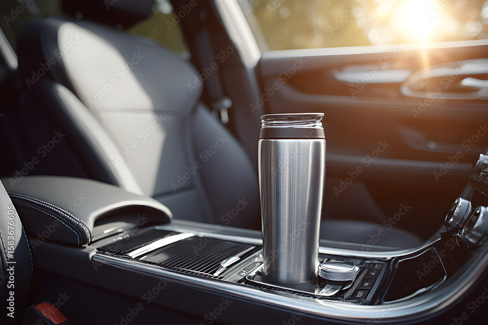 Modern car interior with a sleek thermos containing a refreshing beverage in the cup holder during a sunny day
