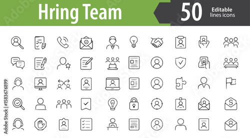 Hiring Team Line Icons, Recruiter, Interview Panel, HR Manager, Resume Review, Shortlisting, Editable Formats: AI, EPS, PNG, Ideal for Both UI and Print Media Use
