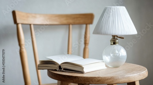 Cozy reading nook with a lamp and open book home interior still life warm atmosphere close-up view tranquility