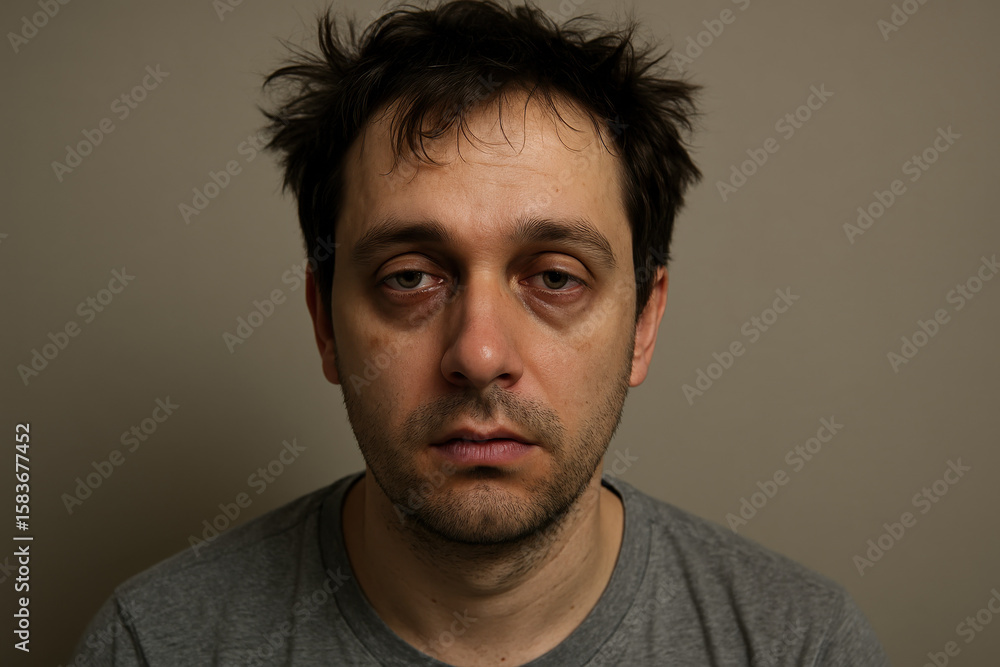 Weary Silhouette: Close-up portrait of a man with tired eyes, exuding the silent narrative of exhaustion and fatigue in a straightforward, unadorned presentation. Weary Silhouette: Close-up portrait of a man with tired eyes, exuding the silent narrative of exhaustion and fatigue in a straightforward, unadorned presentation.