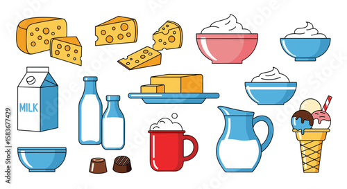 A collection of dairy products including various cheeses milk butter cottage cheese yogurt ice cream chocolate and more rendered in a simple flat design style