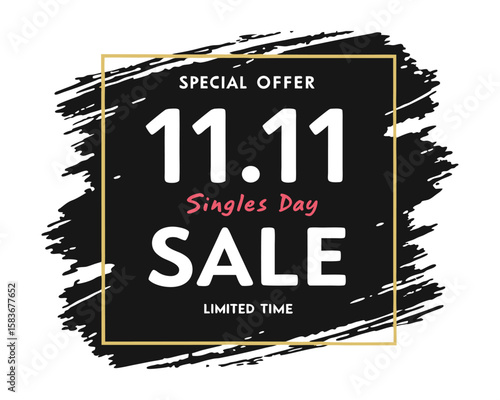 Singles Day Sale Banner Design Black Gold Brush Strokes