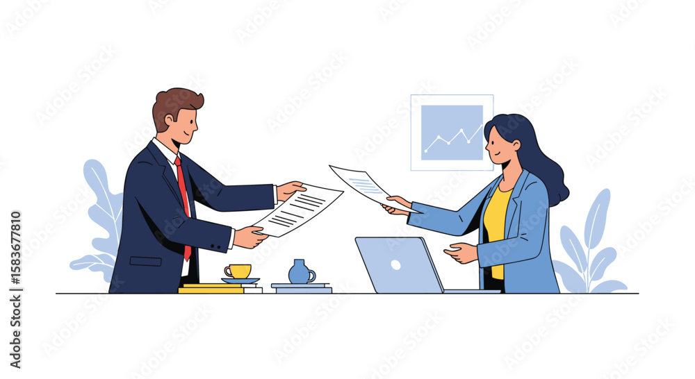 Fototapeta premium Two business professionals collaborating on documents in an office setting