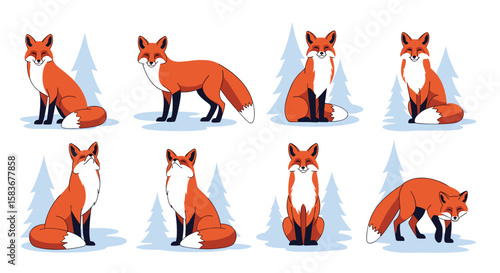 Charming set of eight pixel art red foxes posed in a snowy winter forest scene