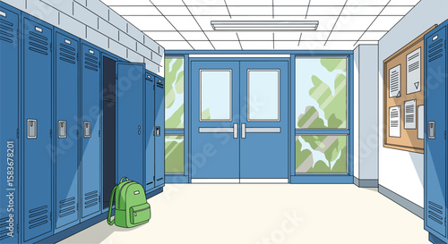 A bright school hallway with blue lockers and double glass doors leading outside to greenery under a ceiling with lights