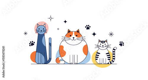 Whimsical and adorable trio of stylized cats enjoying a starry night in a whimsical fantasy setting