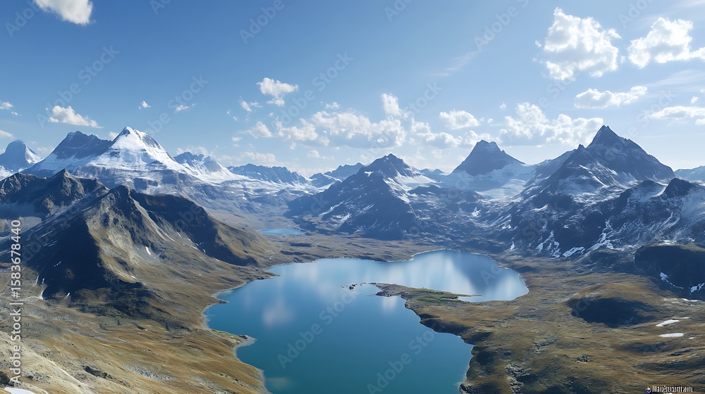Naklejka premium Aerial view of a mountain lake surrounded by snow capped mountains and clouds