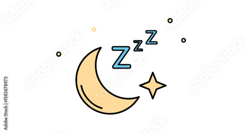 A serene crescent moon shines brightly next to a star under a peaceful night sky with zzz symbols indicating sleep