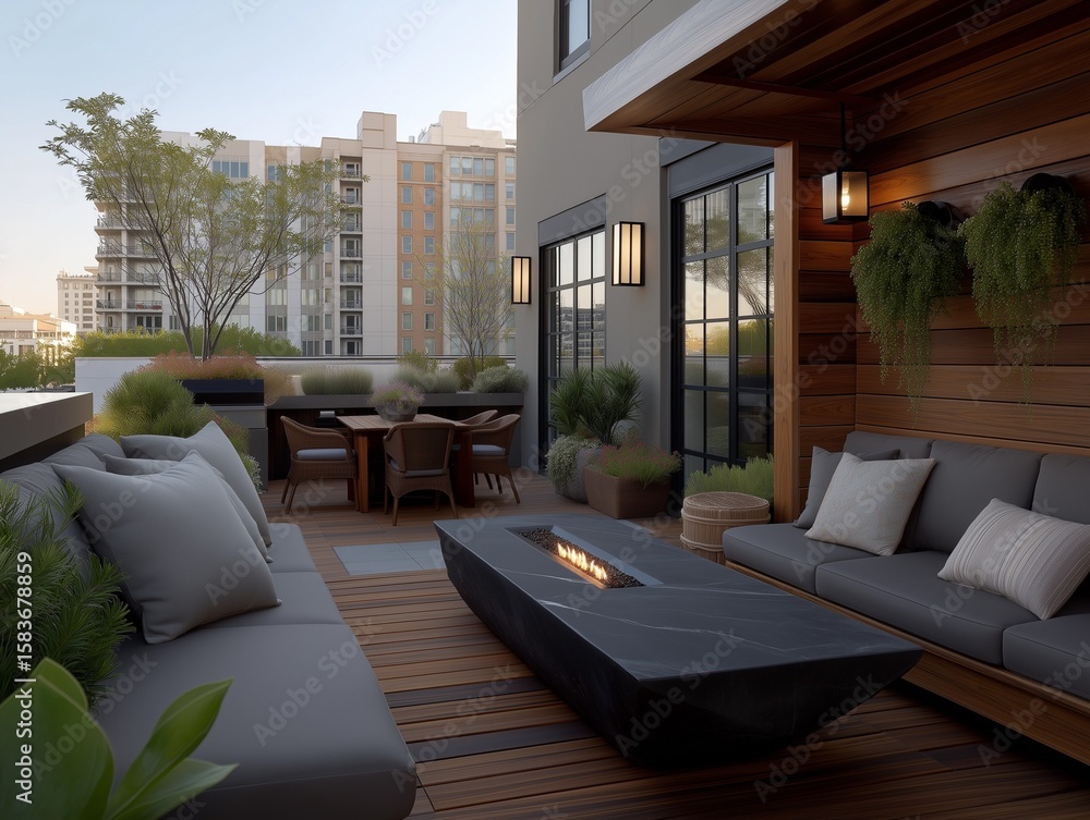 Fototapeta premium inviting modern rooftop deck with outdoor seating, dining set, lush plantings, fire pit, and cityscape views at dusk