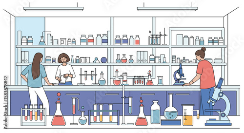 Three scientists in a brightly lit laboratory filled with scientific equipment and experiments are working together on research and discovery