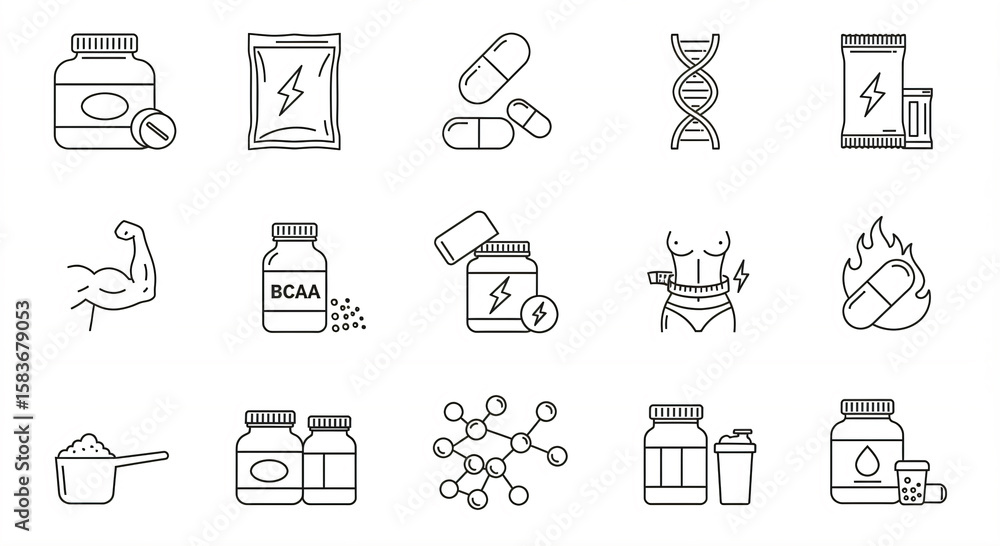 Fototapeta premium Various health and fitness supplement icons organized in a grid pattern.