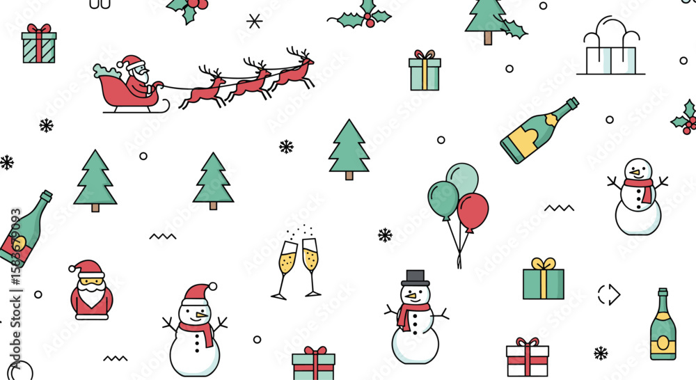 Fototapeta premium Festive holiday celebration patterns featuring santa claus snowmen christmas trees gifts and champagne bottles for a joyful winter season