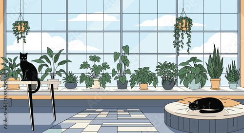 Pixel art cozy apartment interior scene with black cats and abundant houseplants bringing nature indoors